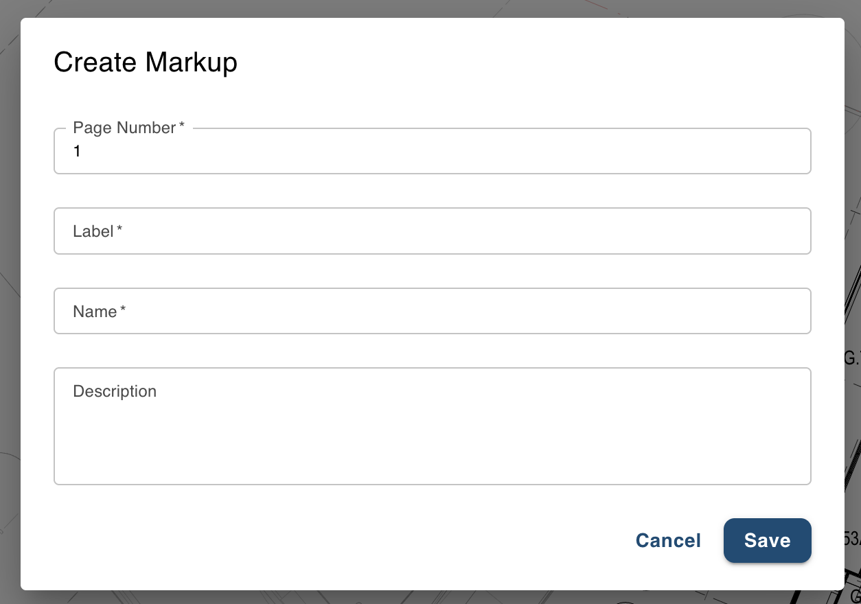 Create Markup Page dialog with form fields