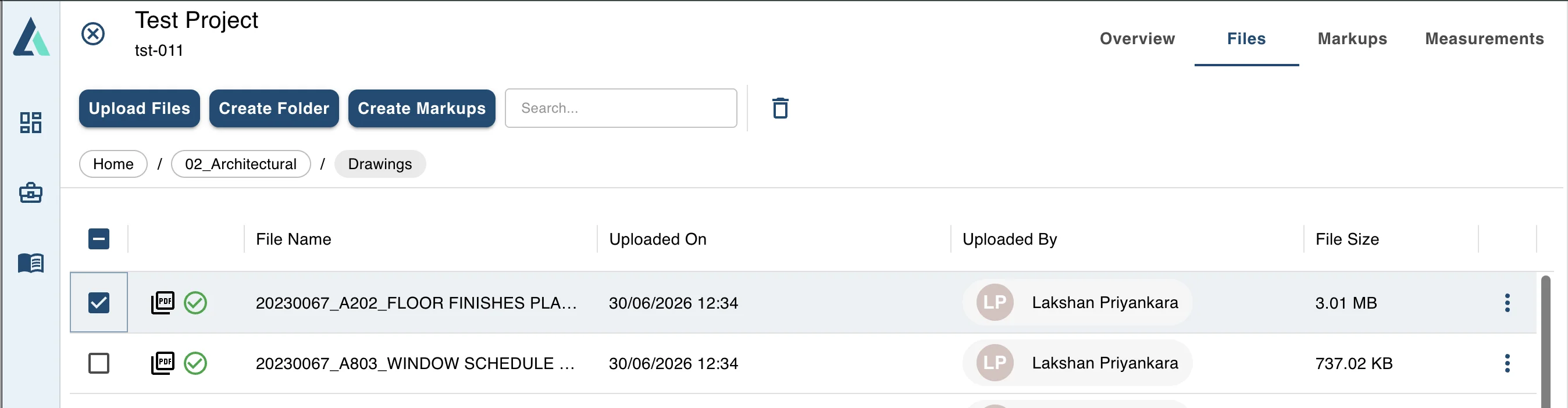 Files tab showing selected PDF file with Create Markup button