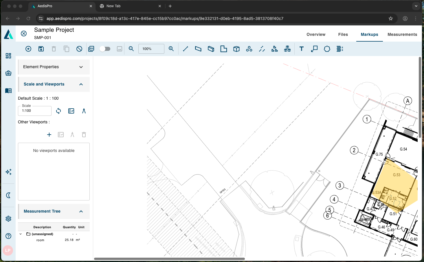 AedisPro Measurement View interface showing all measurement tools and panels