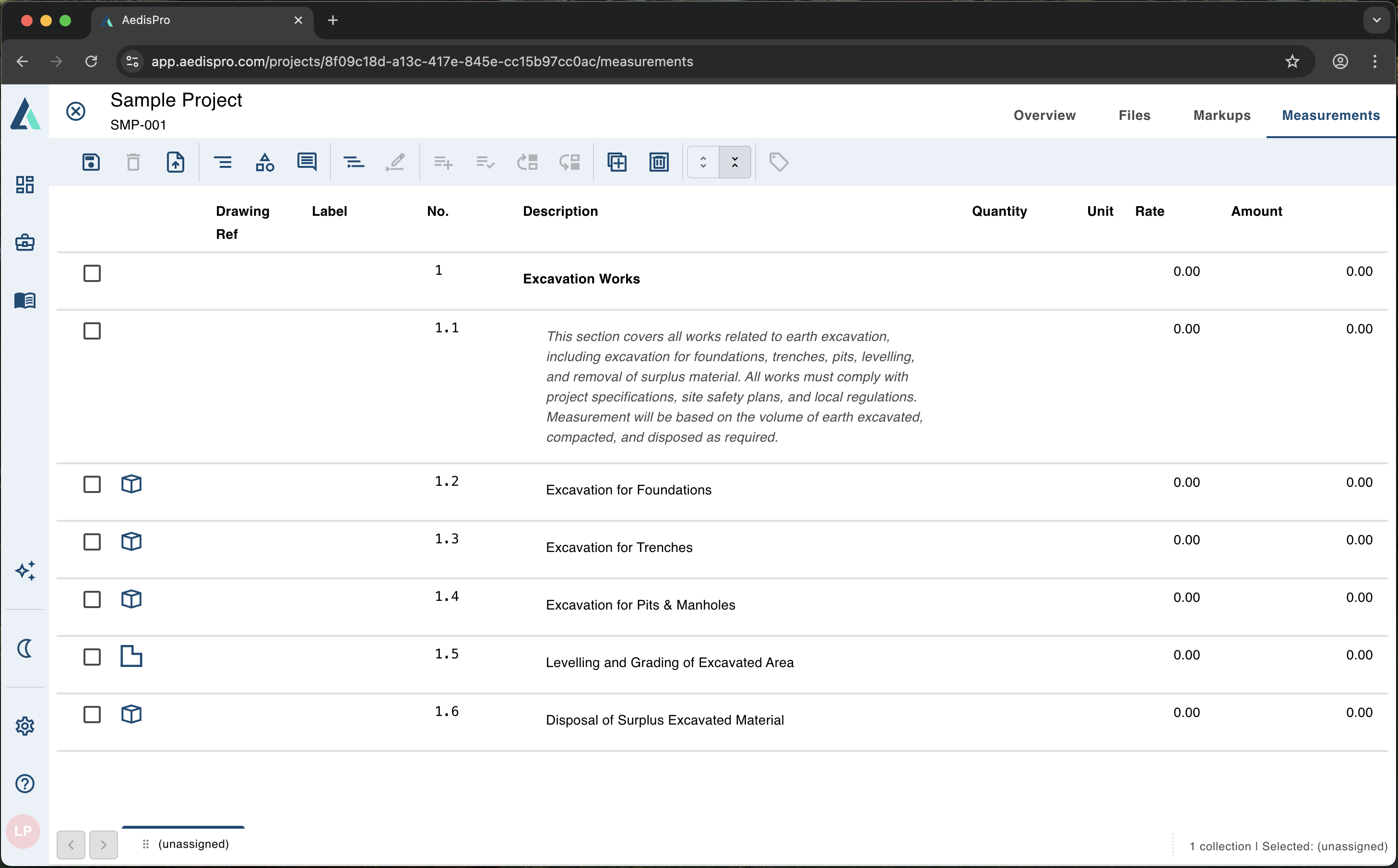 AedisPro Measurements BOQ view showing structured bill of quantities table