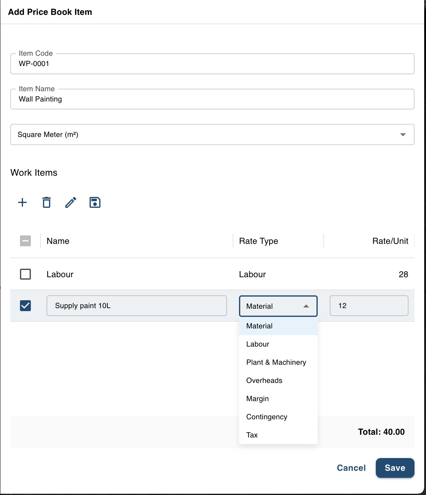 Add Price Book item dialog showing rate breakdown components