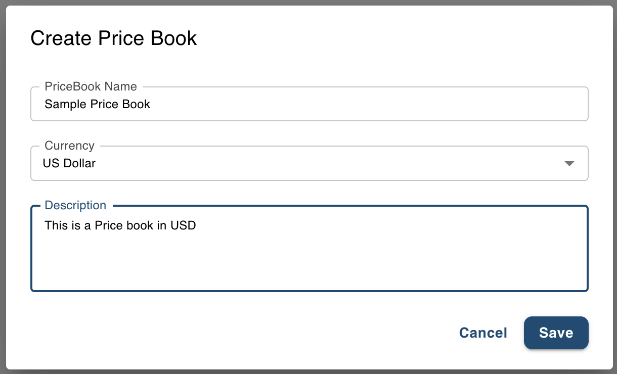 Create Price Book dialog with name, currency and description fields