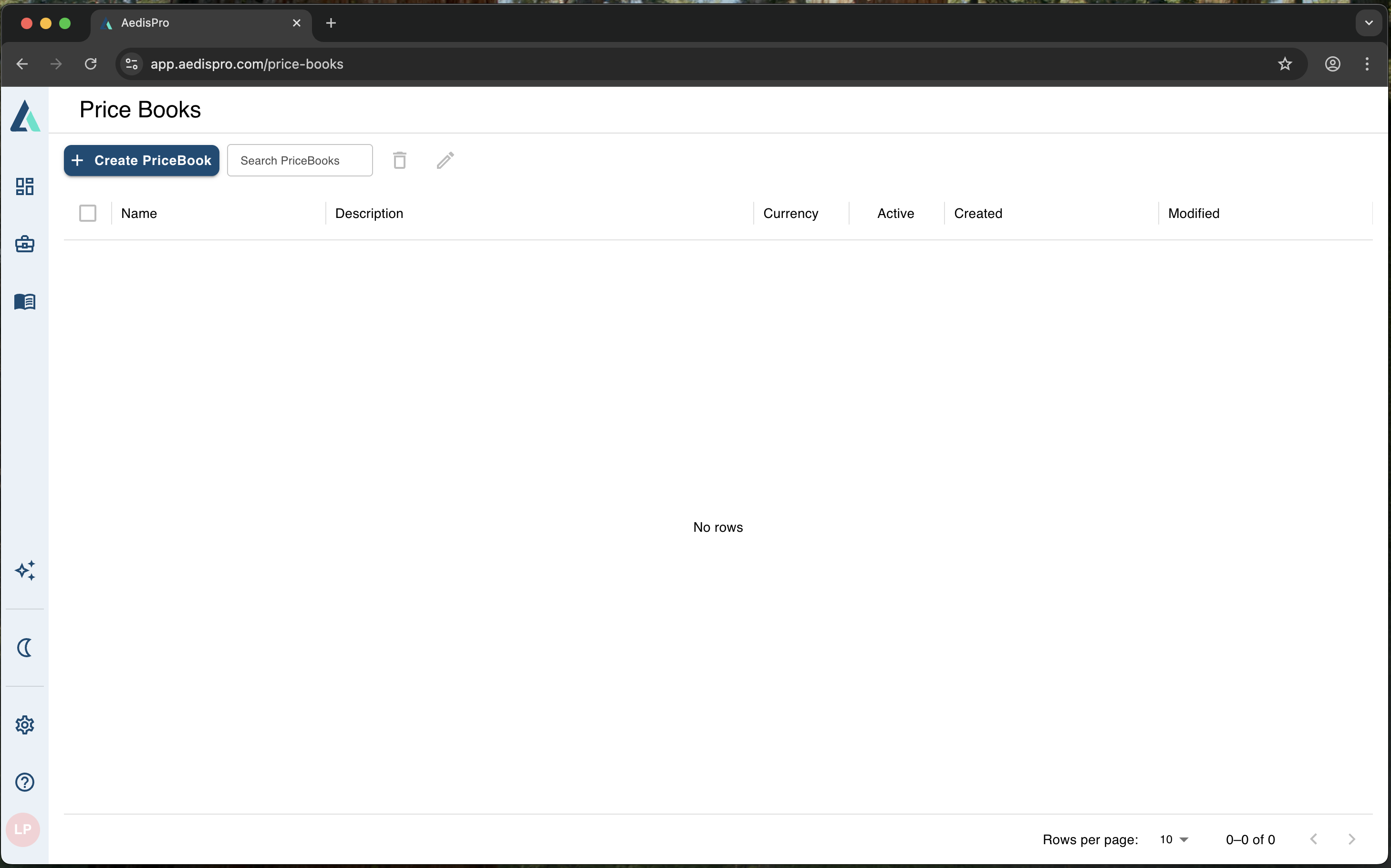 Price Books listing screen showing all available price books