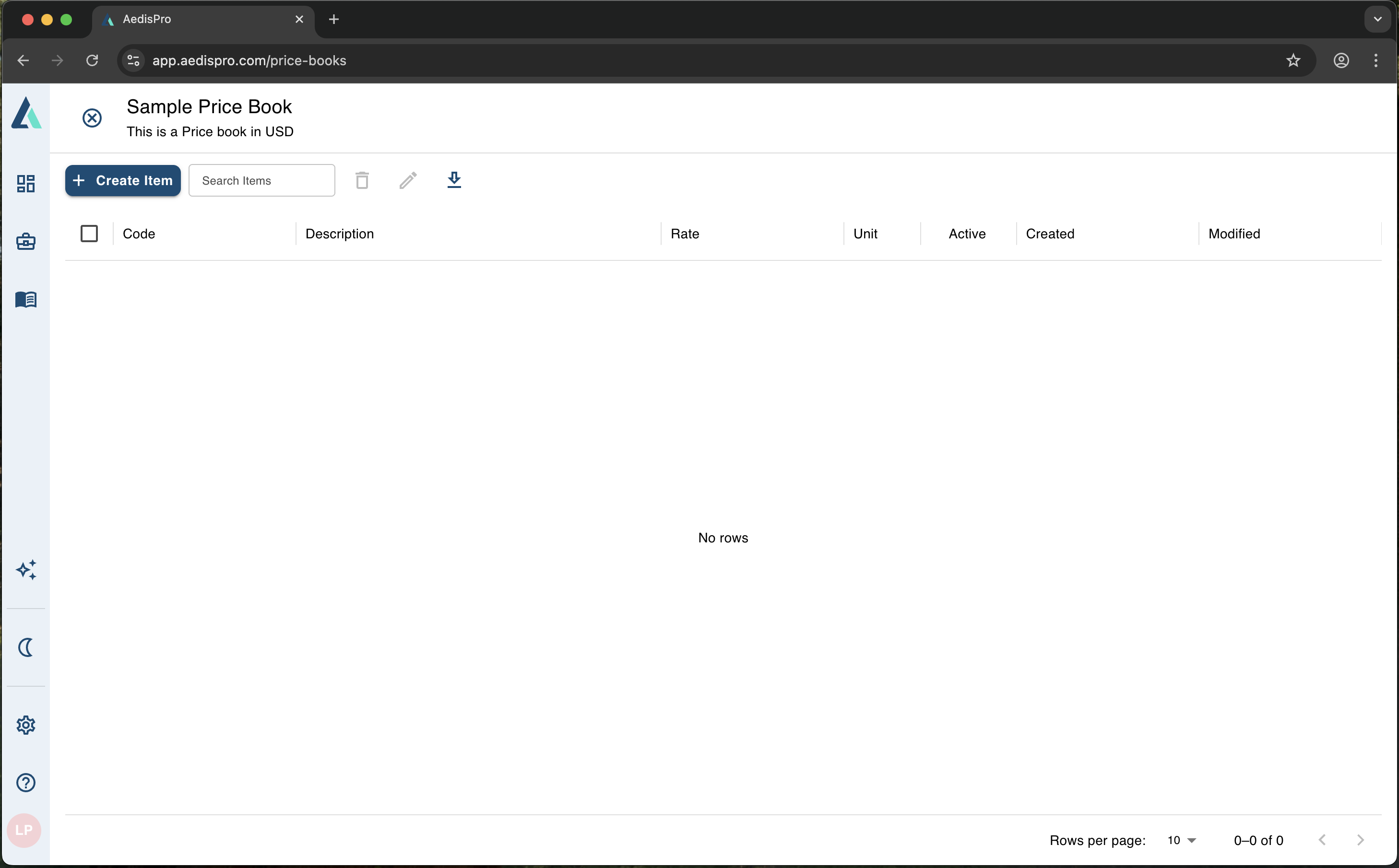 Price Book view showing items table with codes, descriptions, rates and units