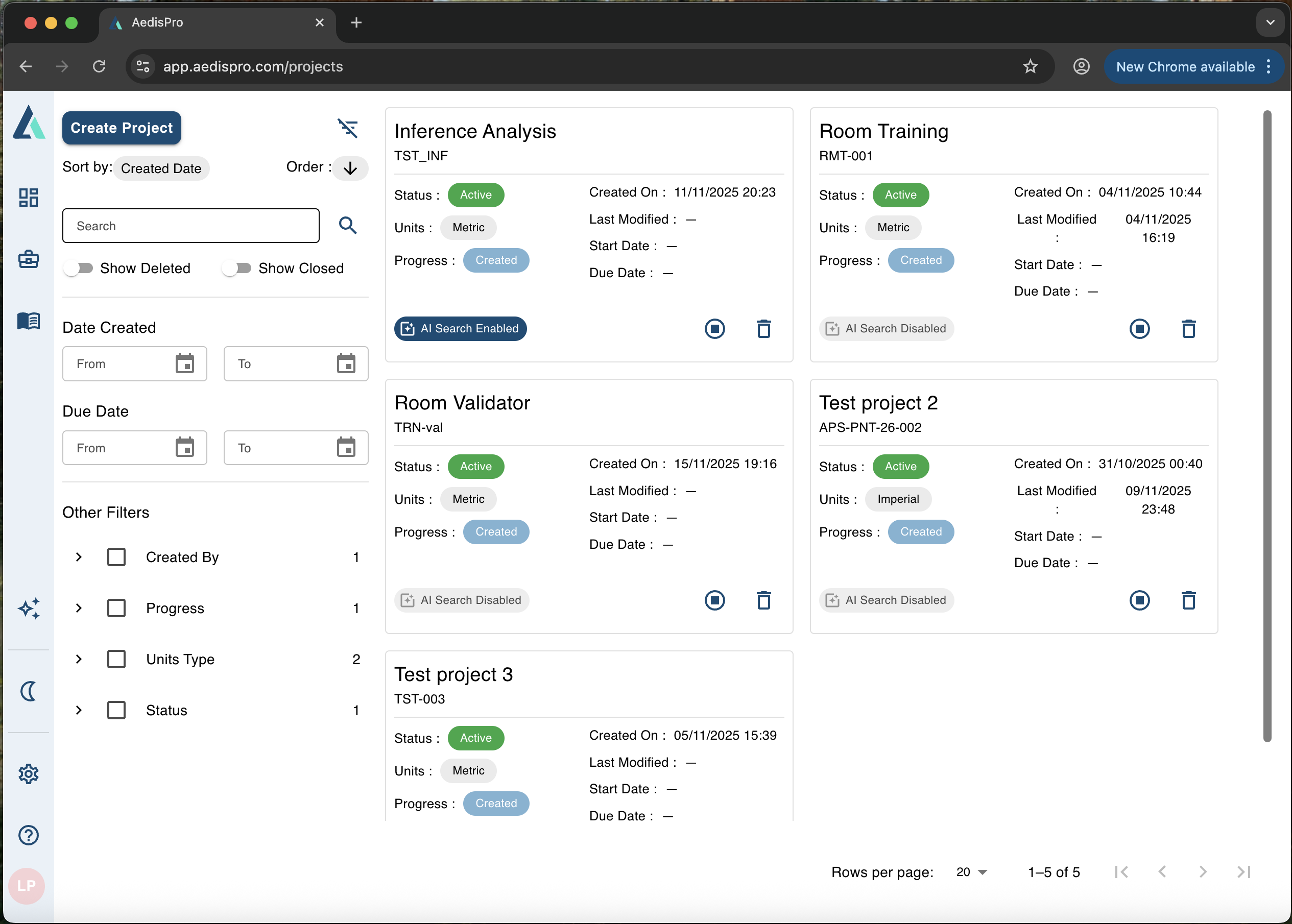 AedisPro Projects Dashboard showing all projects overview
