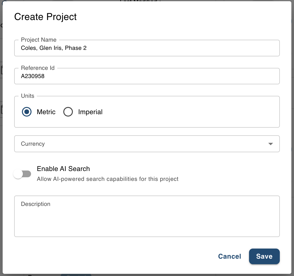 Create new project dialog in AedisPro