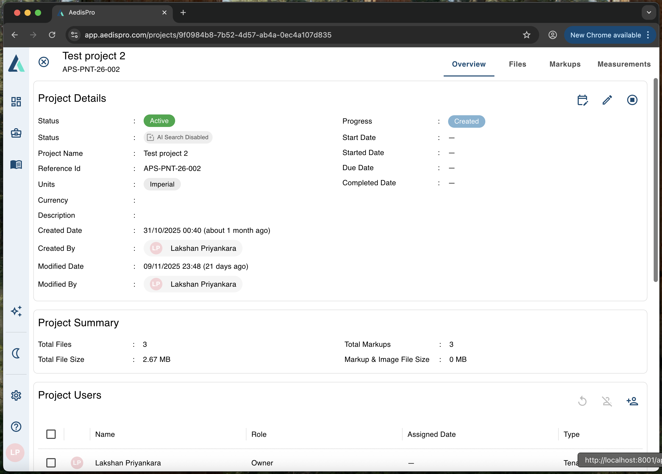 Individual project overview in AedisPro showing drawings and project details
